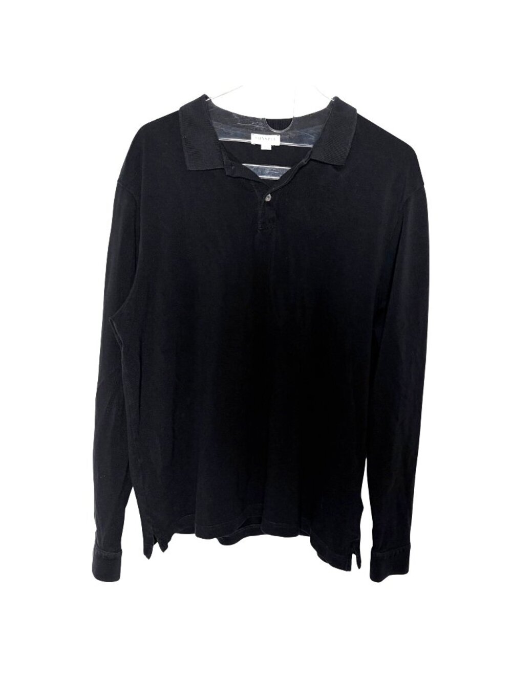Sunspel Long Sleeve Piqué Polo Shirt Mens XL Black Cotton